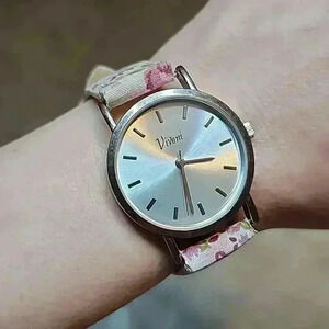 Vivani Pink Rose Fabric Floral Themed Watch with Soft Silver Toned Round Face